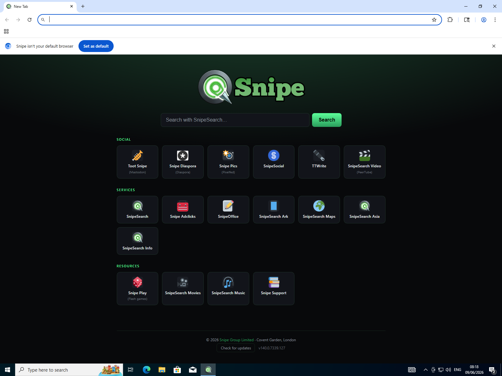 Snipe new tab page with SnipeSearch and ecosystem shortcuts